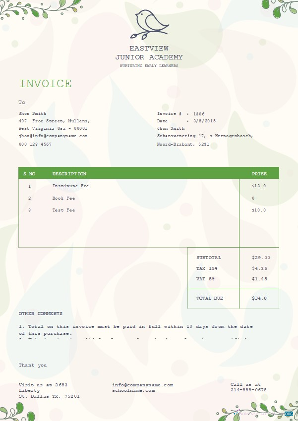 Download Free Kindergarten Invoice Template Photoshop template